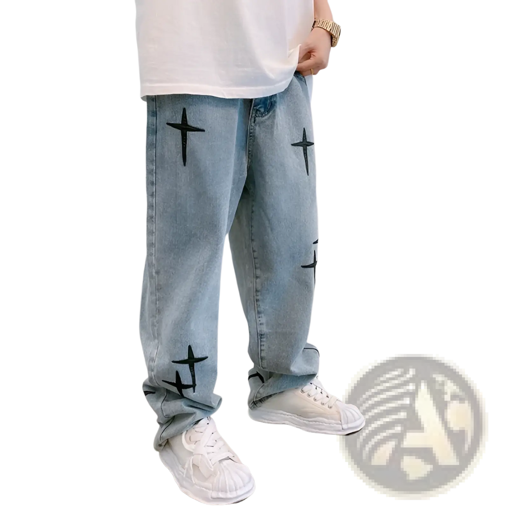 Light-wash denim cargo pants with wide legs featuring black cross embroidery on the front of the legs