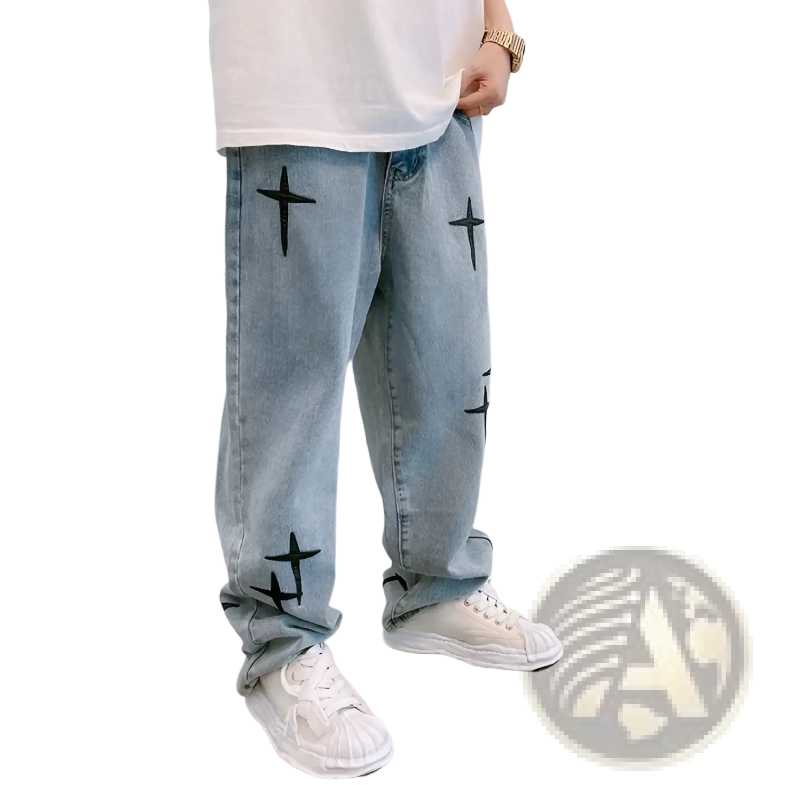 Light-wash denim cargo pants with wide legs featuring black cross embroidery on the front of the legs
