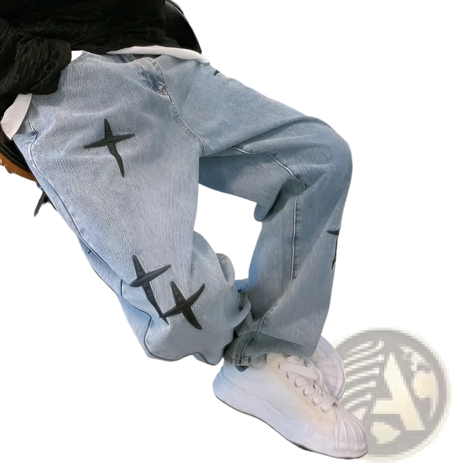 Light-wash denim cross embroidered wide leg cargo pants with bold black cross embroidery on the thighs