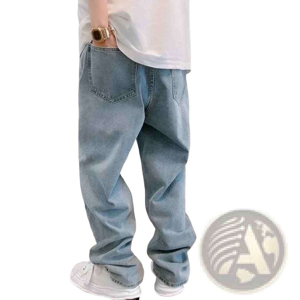 Light-wash denim cross embroidered wide leg cargo pants with relaxed fit and visible stitching details