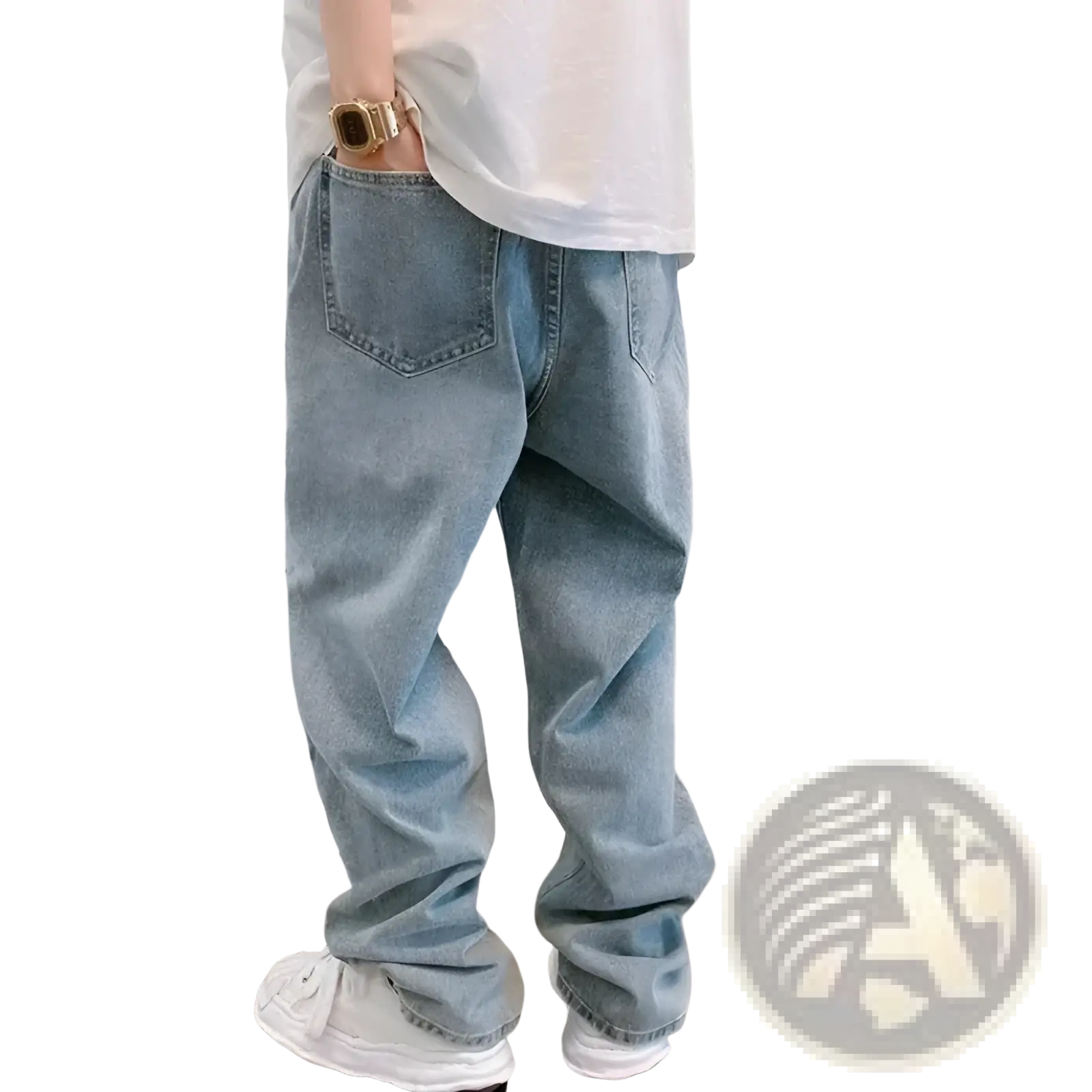 Light-wash denim cross embroidered wide leg cargo pants with relaxed fit and visible stitching details