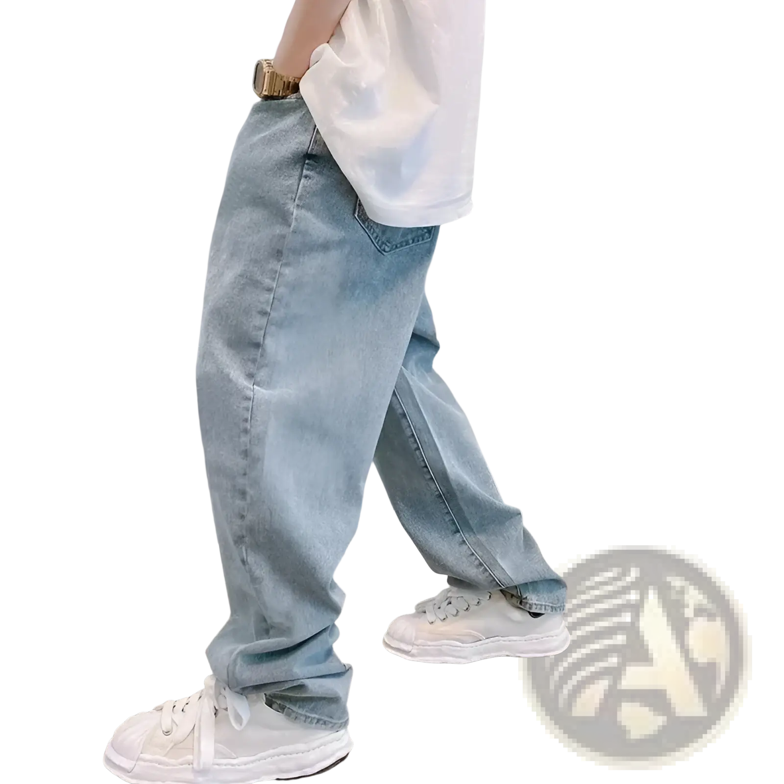 Light-wash denim cross embroidered wide leg cargo pants with relaxed fit and classic stitching details