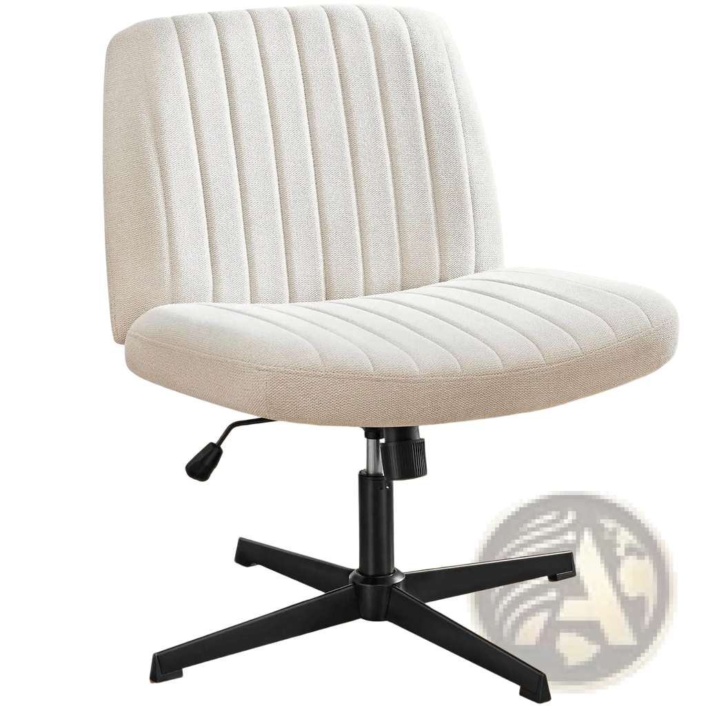 Cream-colored upholstered cross legged office chair with vertical ribbed texture and black five-star swivel base