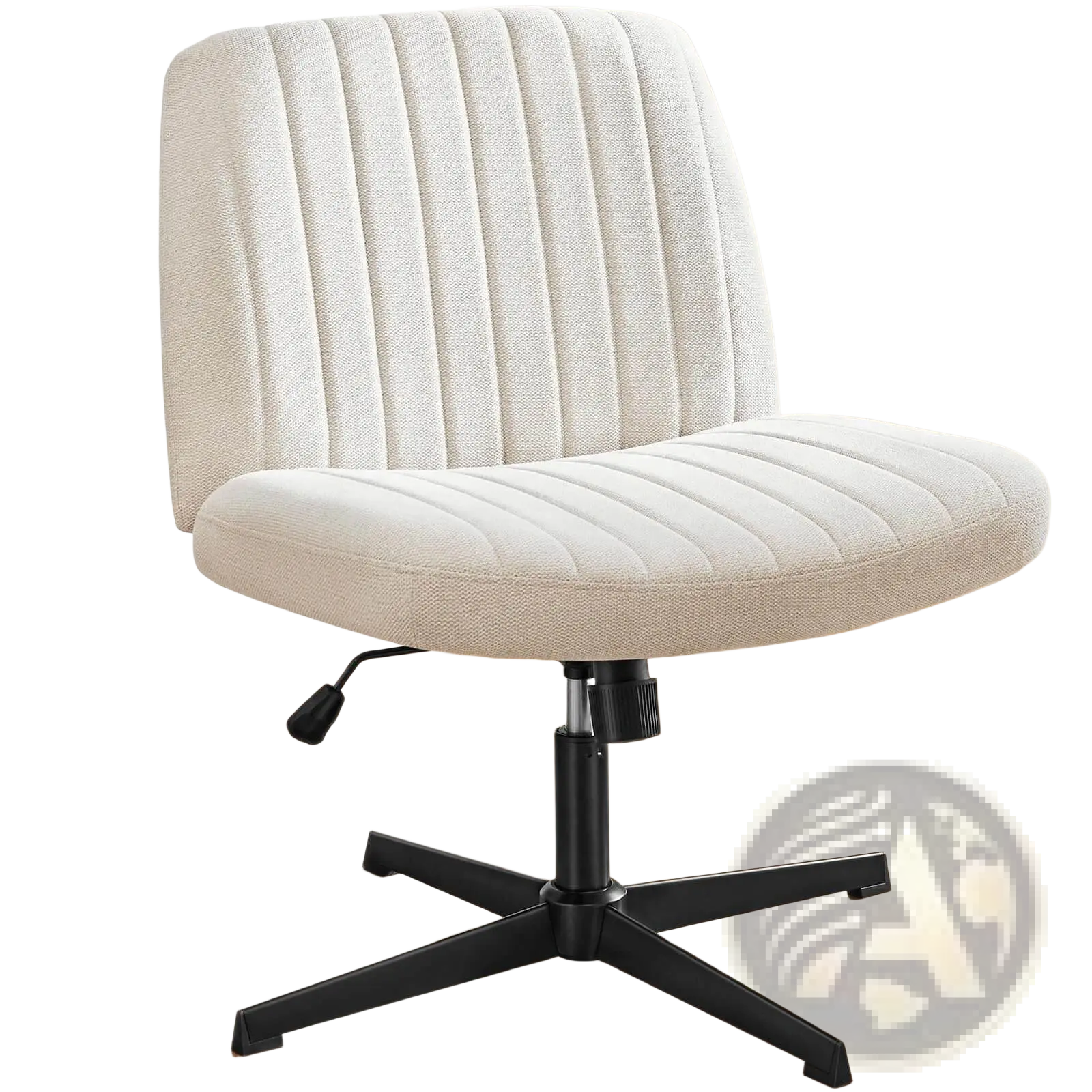 Cream-colored upholstered cross legged office chair with vertical ribbed texture and black five-star swivel base