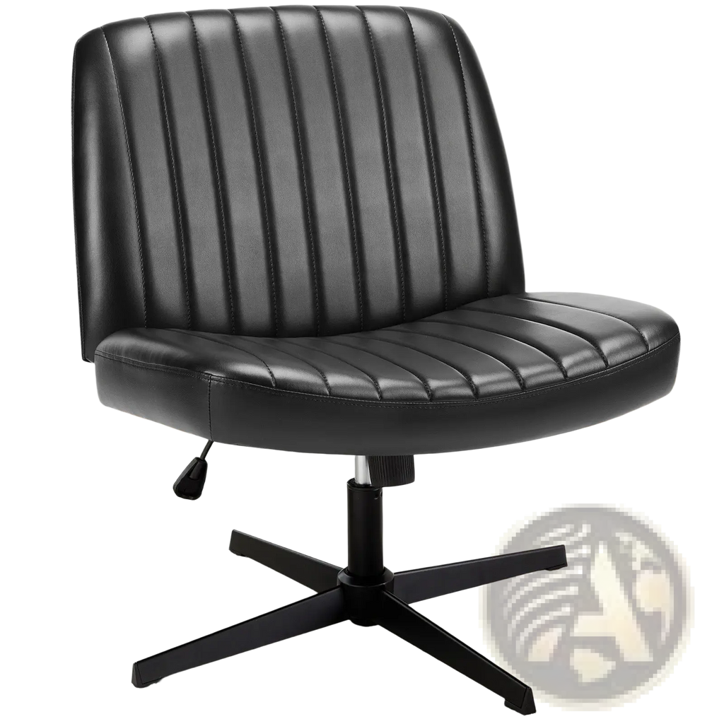 Black leather cross legged office chair with vertical stitching and four-legged swivel base for desk use