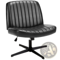 Black leather cross legged office chair with vertical stitching and four-legged swivel base for desk use