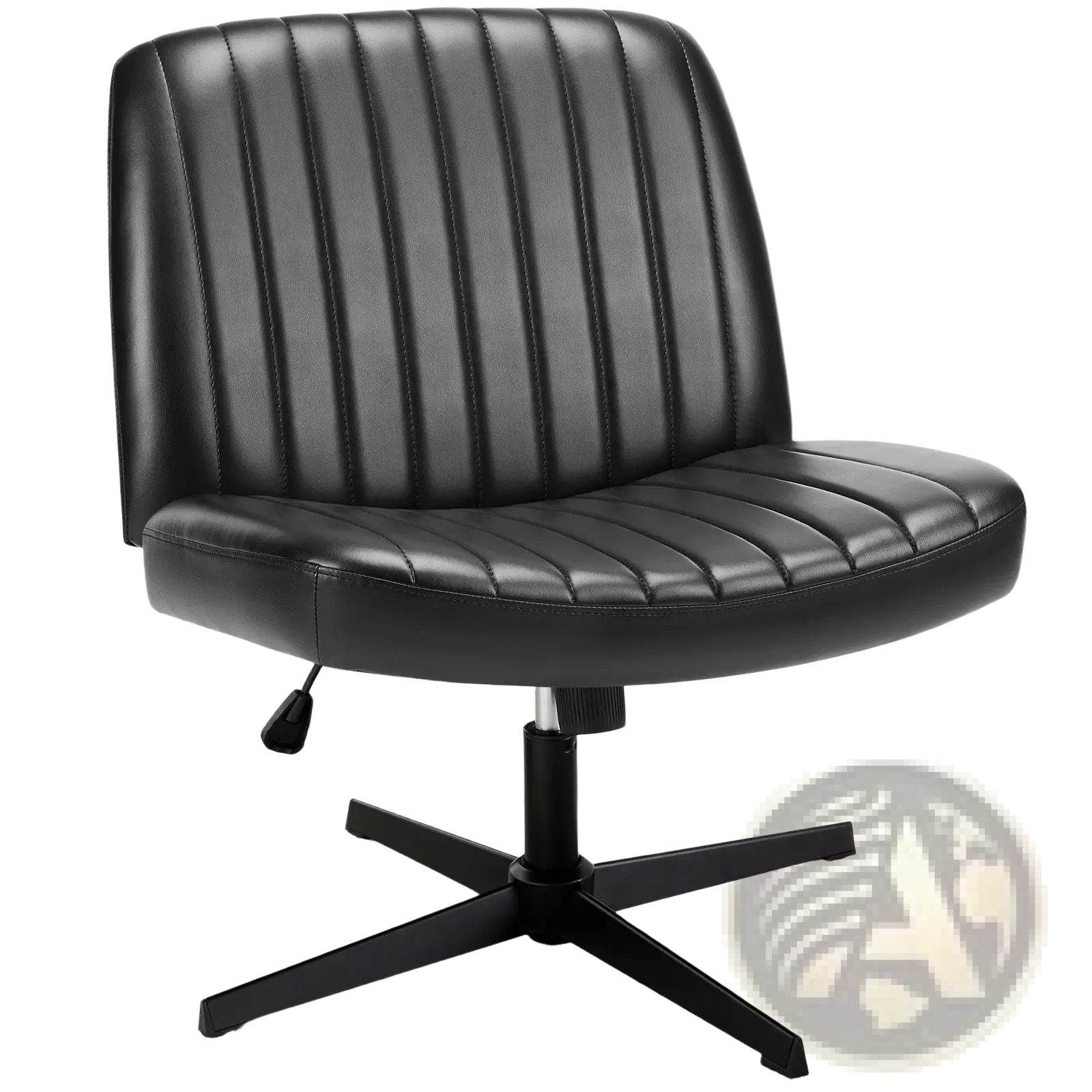 Black leather cross legged office chair with vertical stitching and four-legged swivel base for desk use