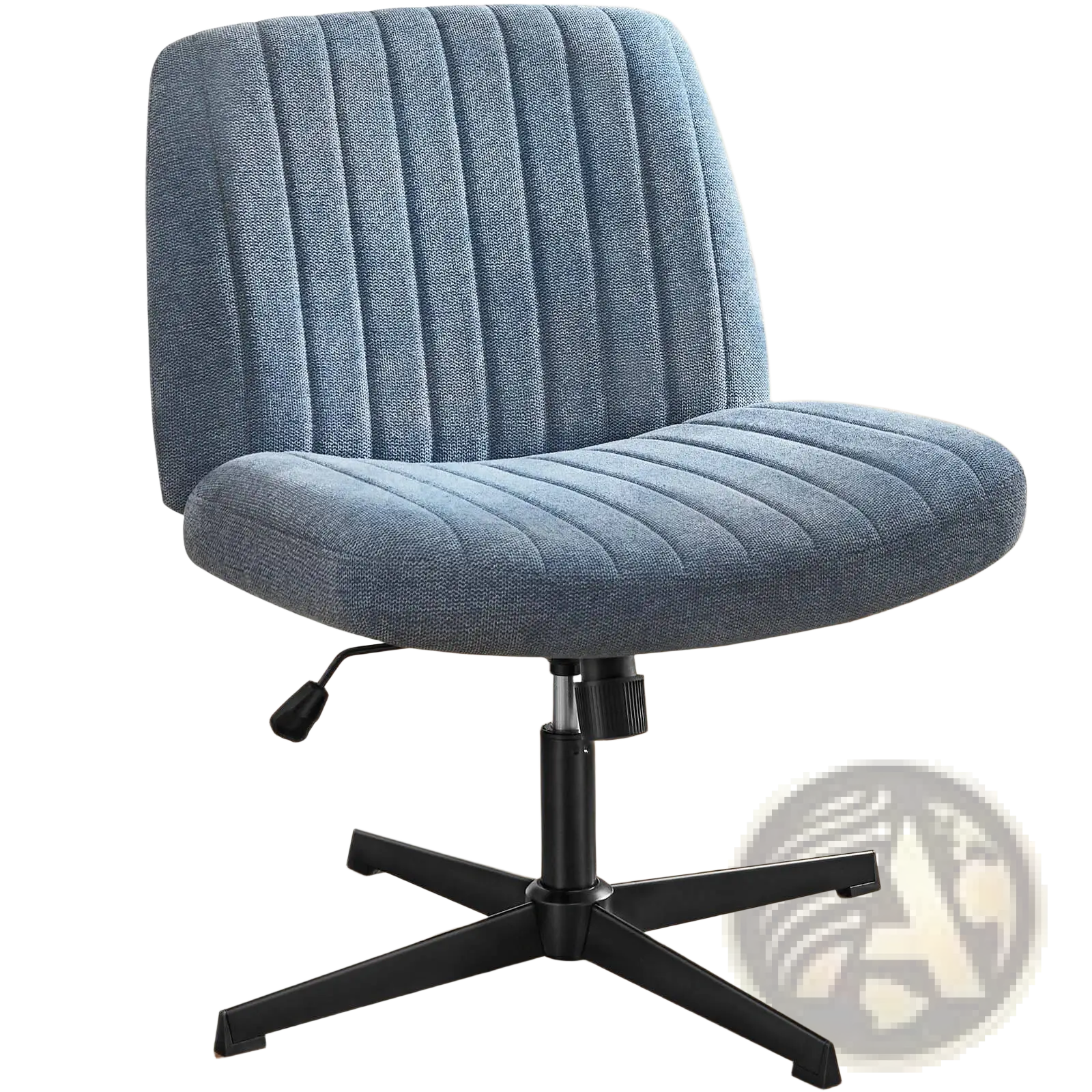 Cross legged office chair with blue upholstered vertical ribbed fabric and black metal base for desk use
