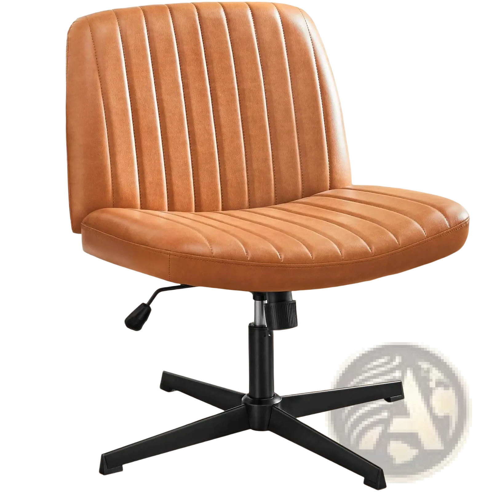 Tan leather cross legged office chair with vertical stitching and a black five-star swivel base for desk use