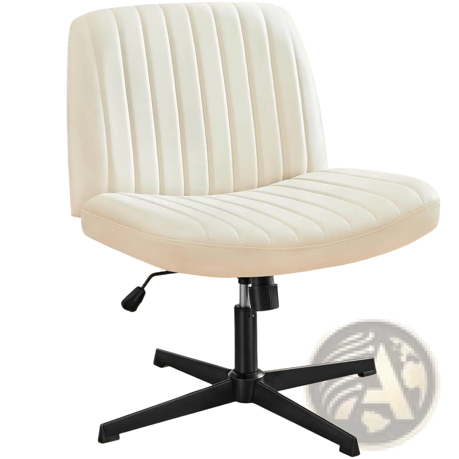 Cream-colored cross legged office chair with vertical stitching wide swivel armless desk chair with black base