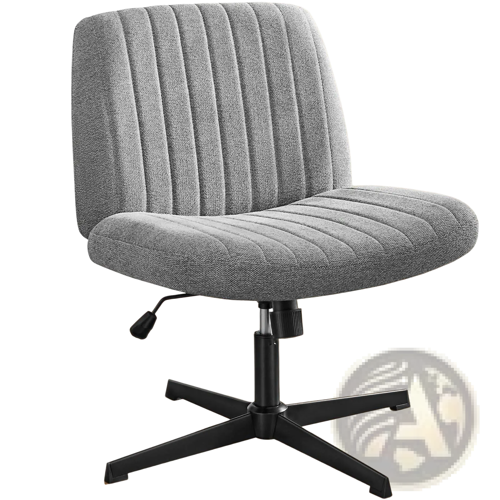 Gray upholstered cross legged office chair with vertical ribbed texture and black metal five star base for desk use