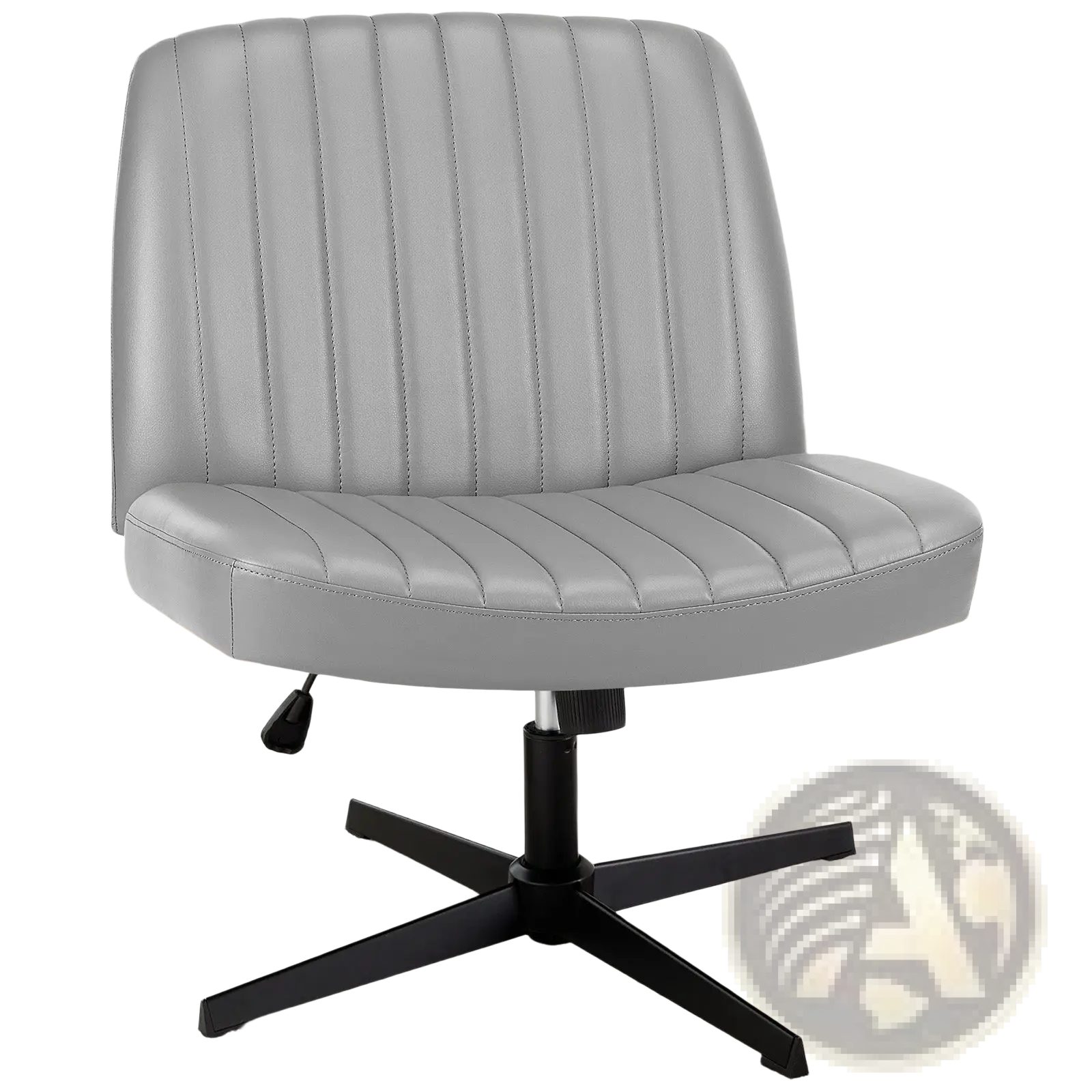 Gray tufted leather cross legged office chair with wide swivel armless design and black five-star base for desk use