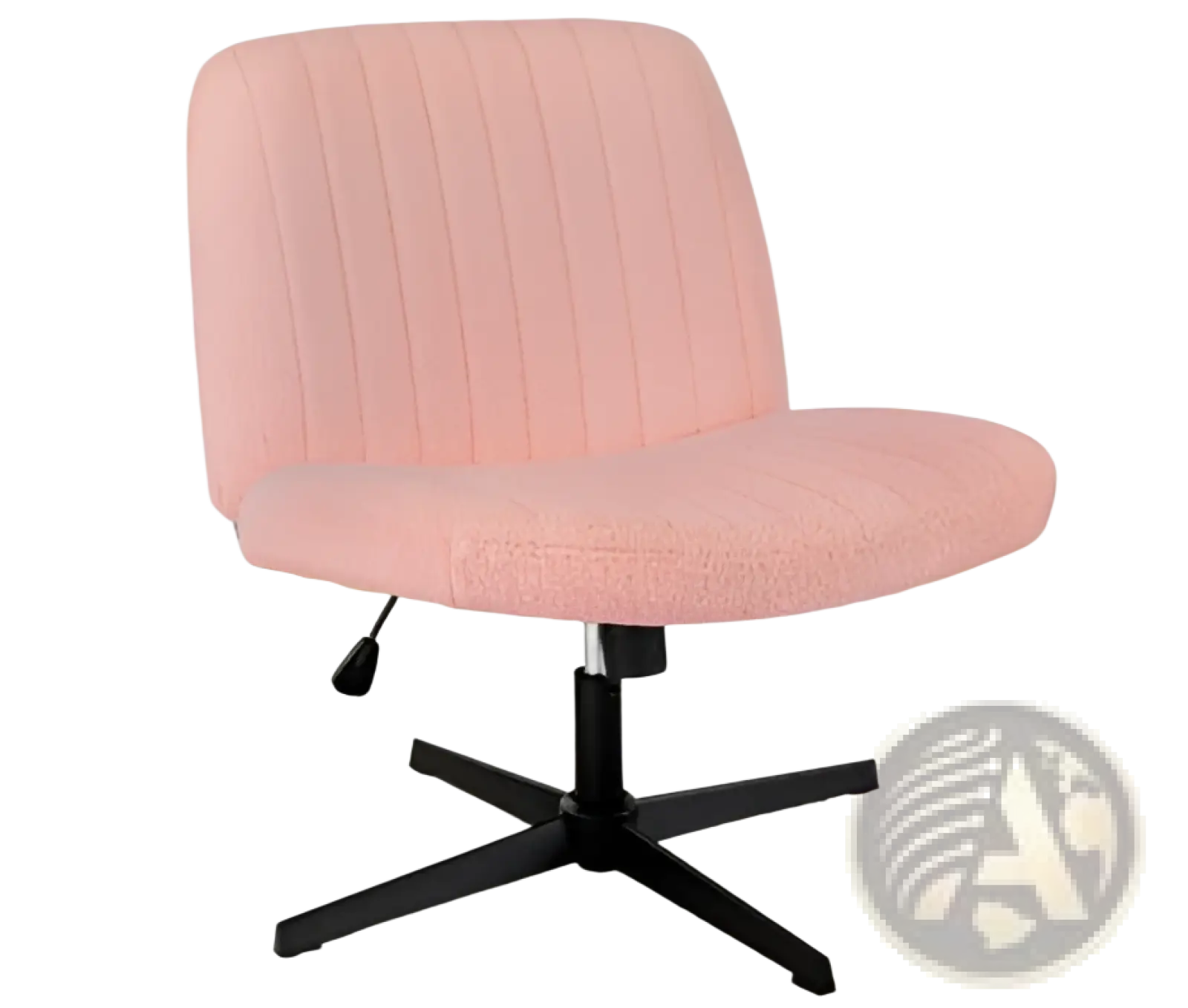 Pink upholstered cross legged office chair with tufted back and black star-shaped base for wide swivel use