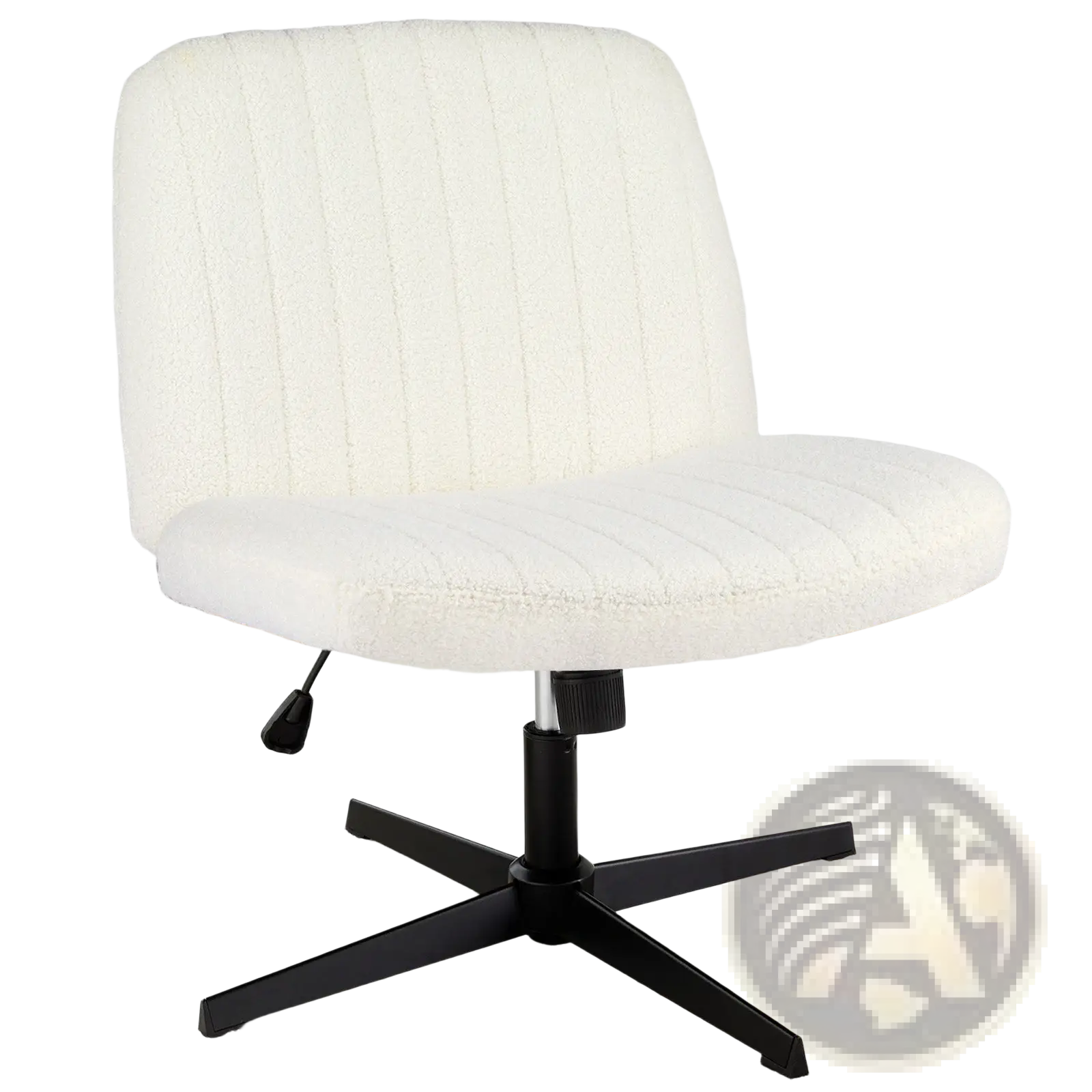 White plush cross legged office chair with black star-shaped base and vertical ribbed upholstery for desk use