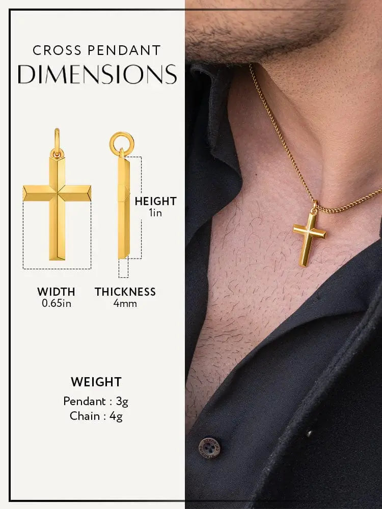 18k gold plated geometric cross pendant with sleek minimalist design and polished finish on curb chain
