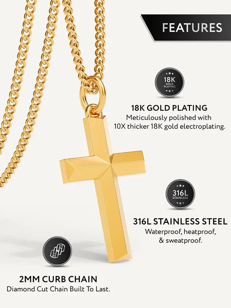 A sleek geometric 18k gold plated cross pendant with diamond cut finish and curb chain for elegant wear
