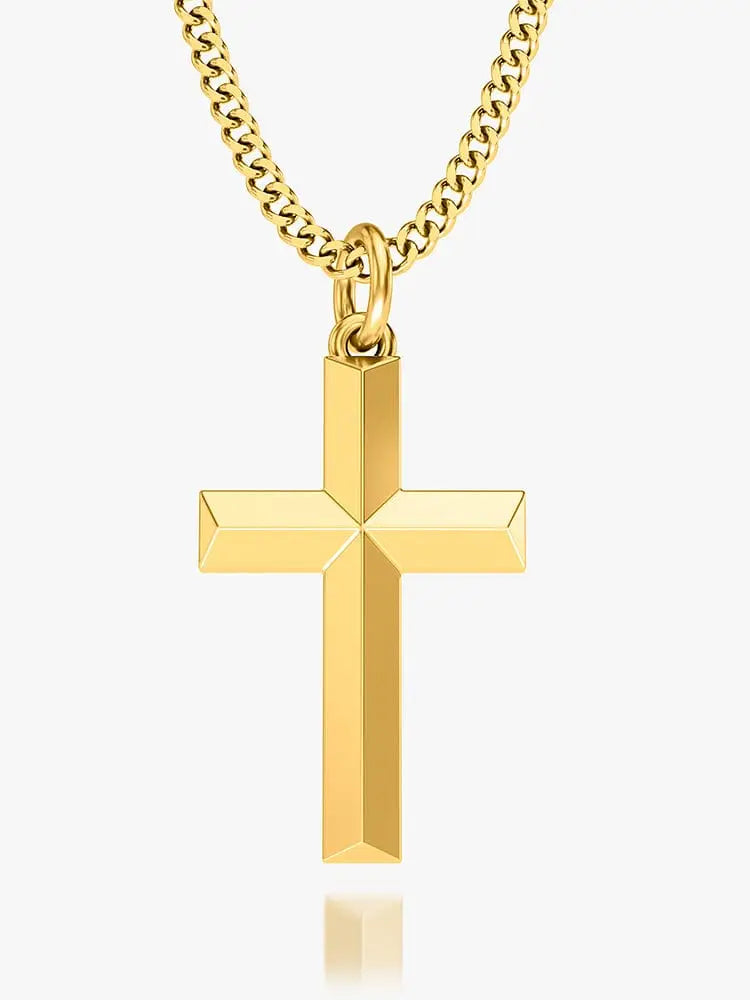 18k gold plated geometric cross pendant with curb chain in gold tone hanging from matching gold chain