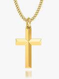 18k gold plated geometric cross pendant with curb chain in gold tone hanging from matching gold chain