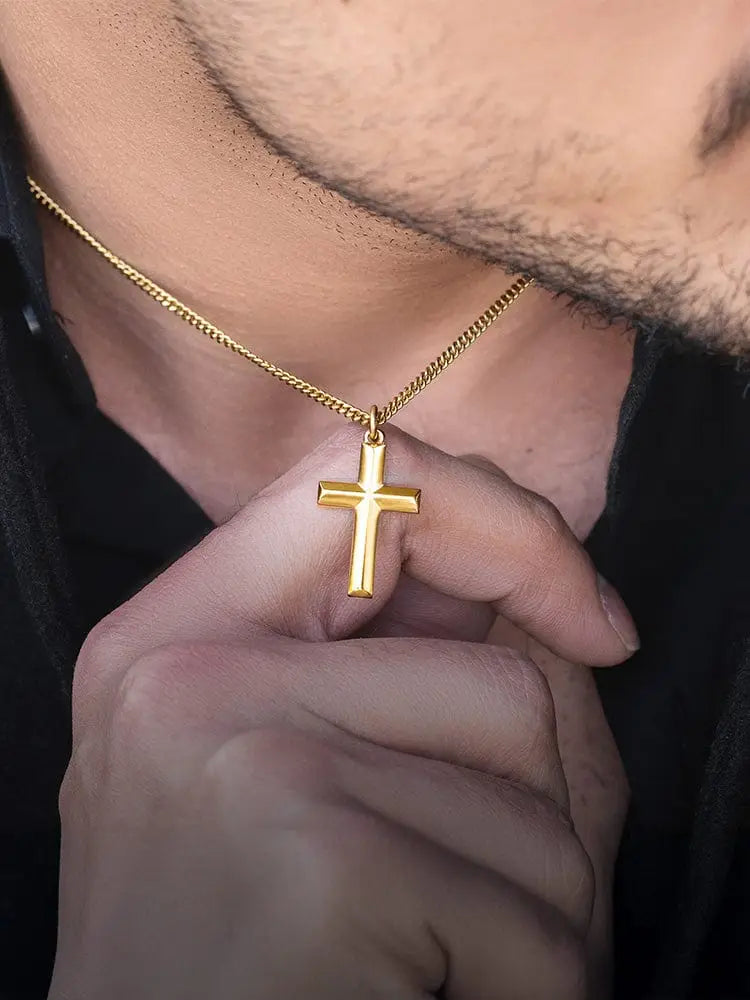 18k gold plated geometric cross pendant in gold with matching curb chain for elegant jewelry wear