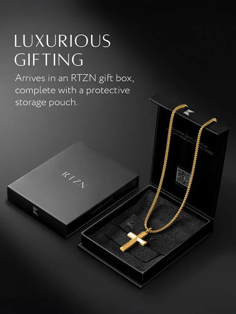 18k gold plated geometric cross pendant with curb chain in gold-toned stainless steel in an rtzn branded gift box
