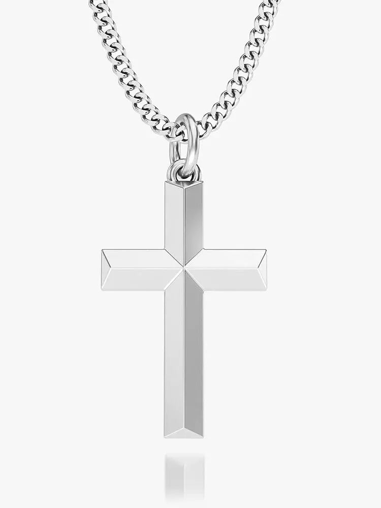 Geometric silver cross pendant in stainless steel on matching curb chain for elegant wear