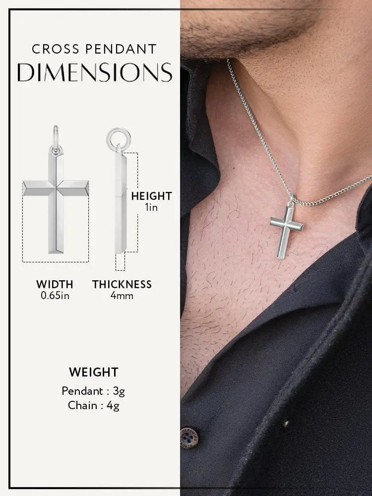 Geometric silver cross pendant with sleek minimalist design and polished finish on stainless steel curb chain
