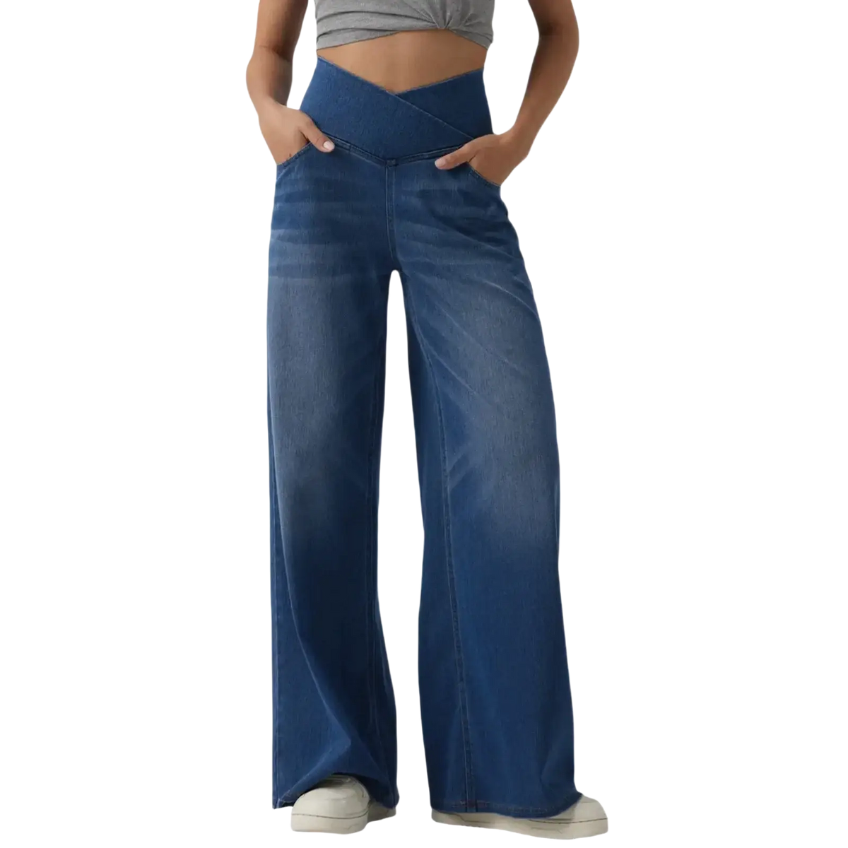 Blue high-waisted cross waist wide leg denim jeans featuring a crossed front waistband design