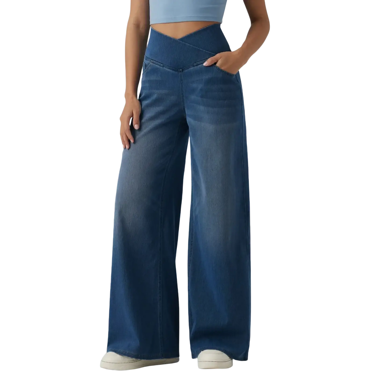 Blue denim cross waist wide leg jeans with high-waisted design and subtle fading in a wide-leg fit