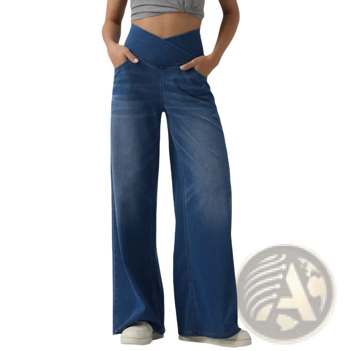 Blue high-waisted cross waist wide leg denim jeans featuring a crossed front waistband design