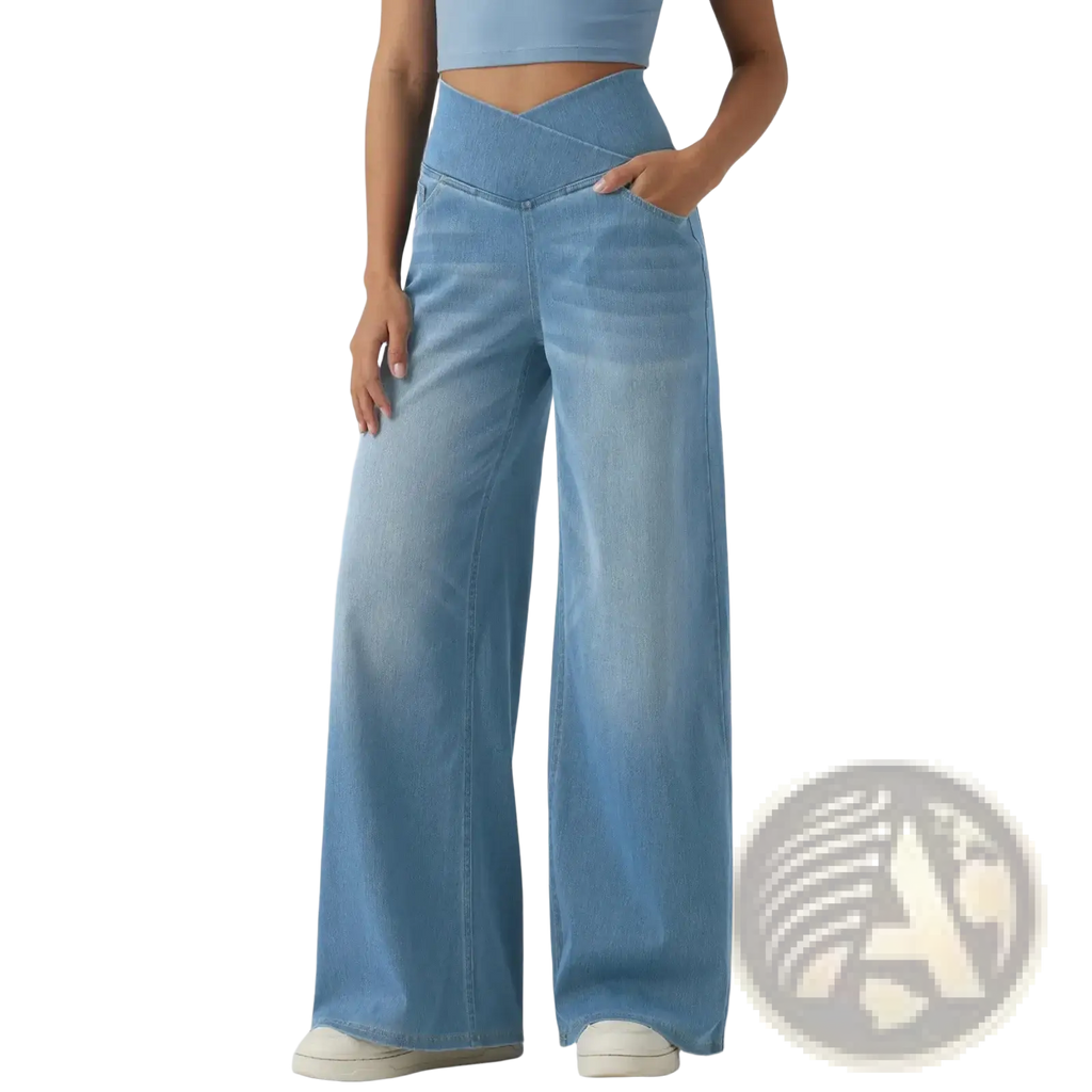 Light-wash denim wide-leg jeans with high waist and cross-front design for a stylish casual look