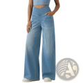 Light-wash denim wide-leg jeans with high waist and cross-front design for a stylish casual look