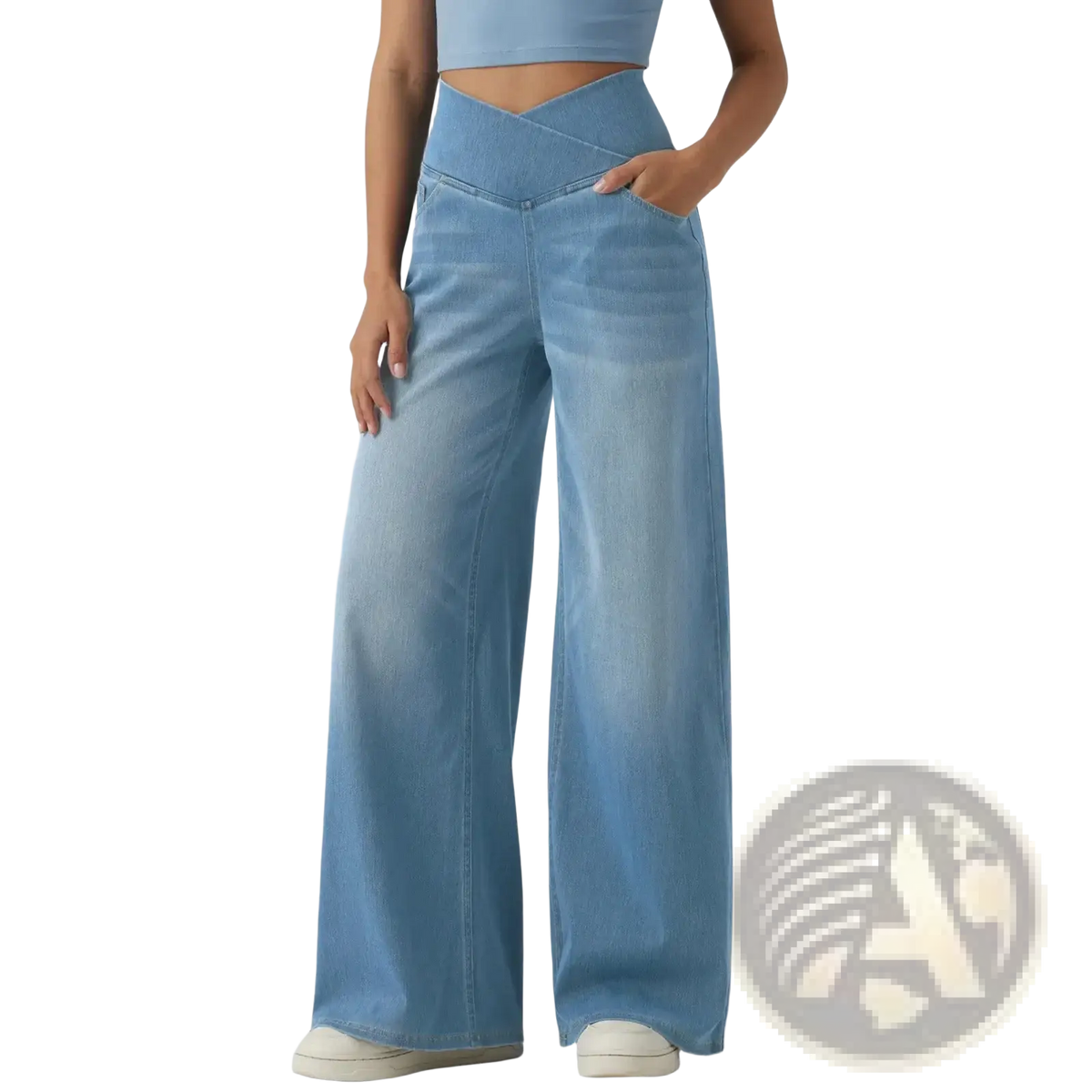 Light-wash denim wide-leg jeans with high waist and cross-front design for a stylish casual look