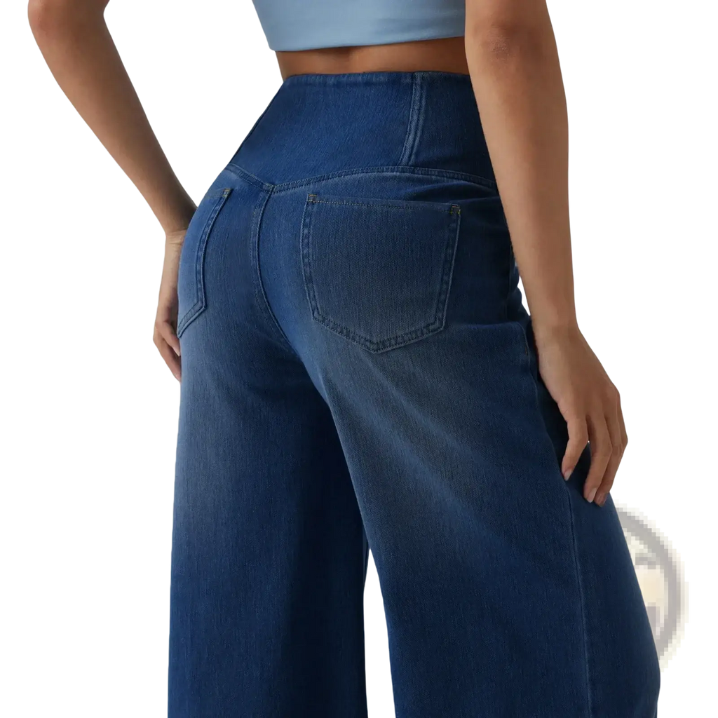 High-waisted wide-leg denim jeans in deep indigo wash with classic back pockets shown from the back side