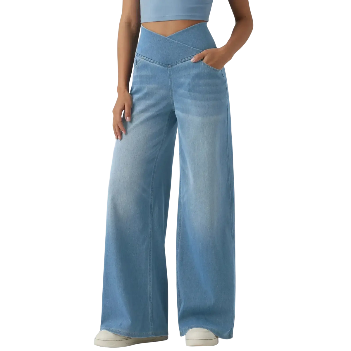 Light-wash denim wide-leg jeans with high waist and cross-front design for a stylish casual look