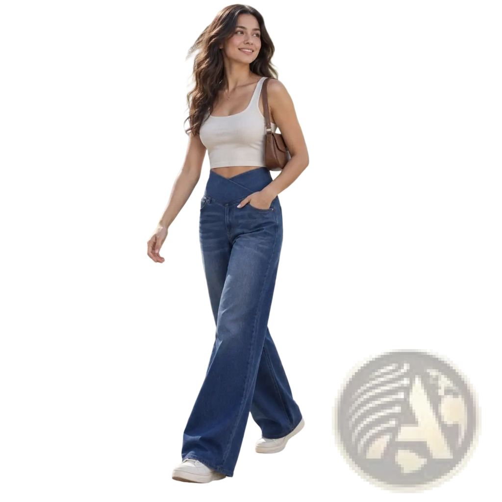 A pair of high-waisted wide-leg blue denim jeans with a classic straight-cut silhouette from cross waist collection