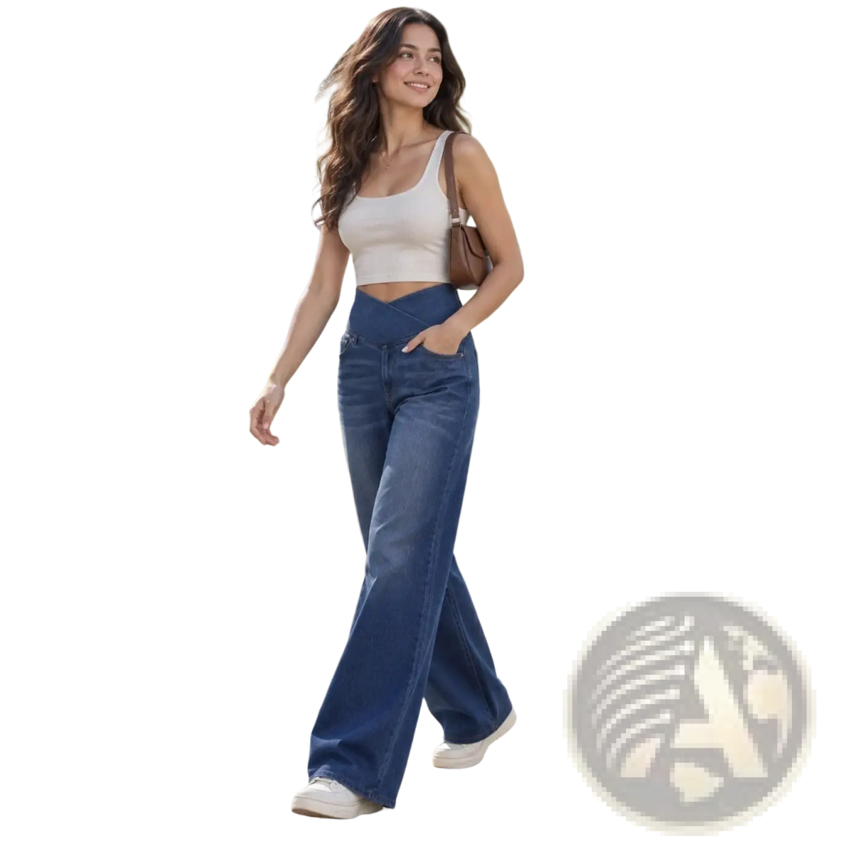 A pair of high-waisted wide-leg blue denim jeans with a classic straight-cut silhouette from cross waist collection