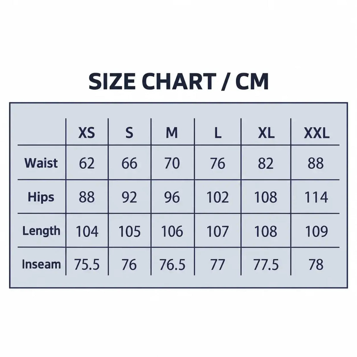 Size chart in black text on light gray background showing waist hips length and inseam for cross waist wide leg denim jeans
