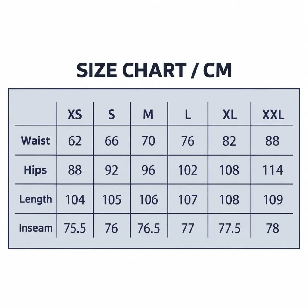 Size chart in black text on light gray background showing waist hips length and inseam for cross waist wide leg denim jeans