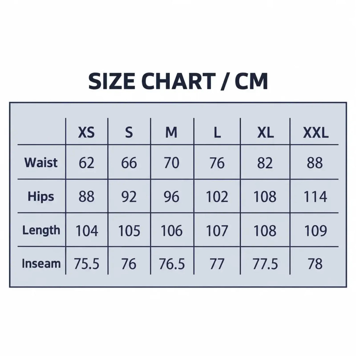 Size chart in black text on light gray background showing waist hips length and inseam for cross waist wide leg denim jeans