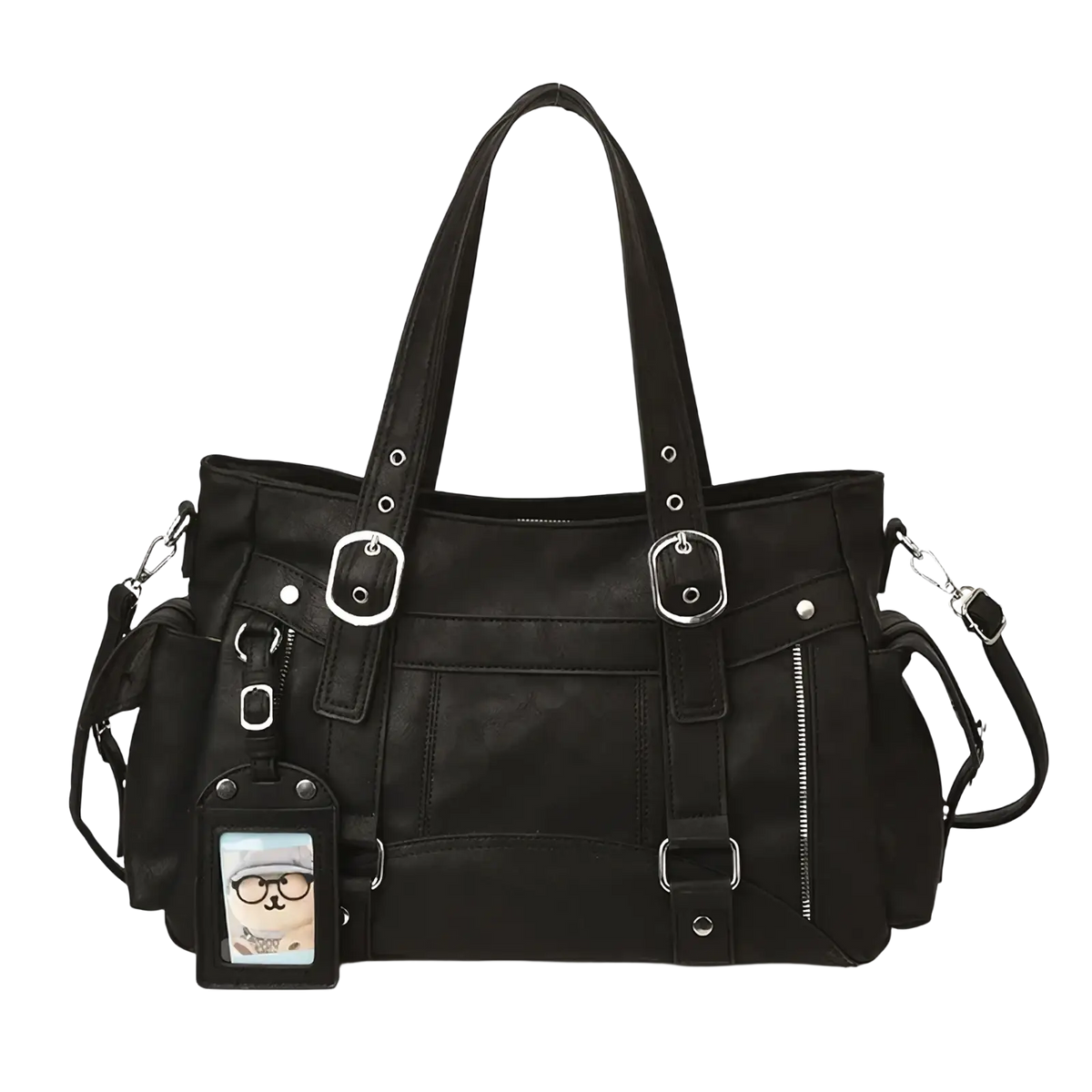 Black faux leather crossbody bag with silver metal buckles and zippers large capacity for commuting use