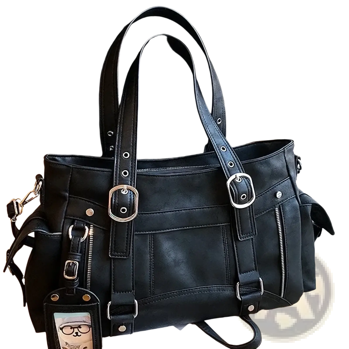 Black faux leather crossbody bag large capacity commuting tote with silver-toned metal buckles and zippers