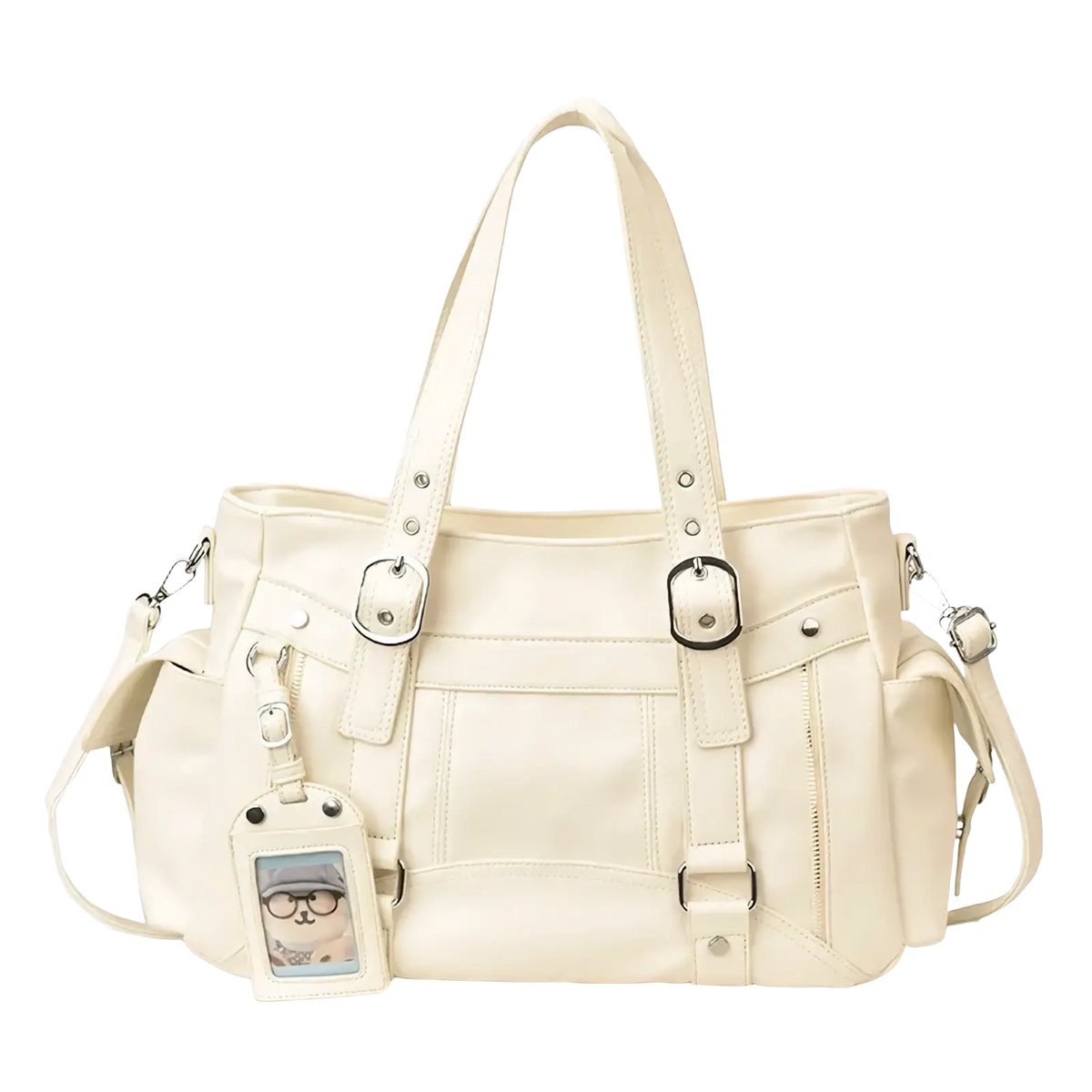 Cream-colored faux leather crossbody bag large capacity commuting tote with silver-toned buckles and straps