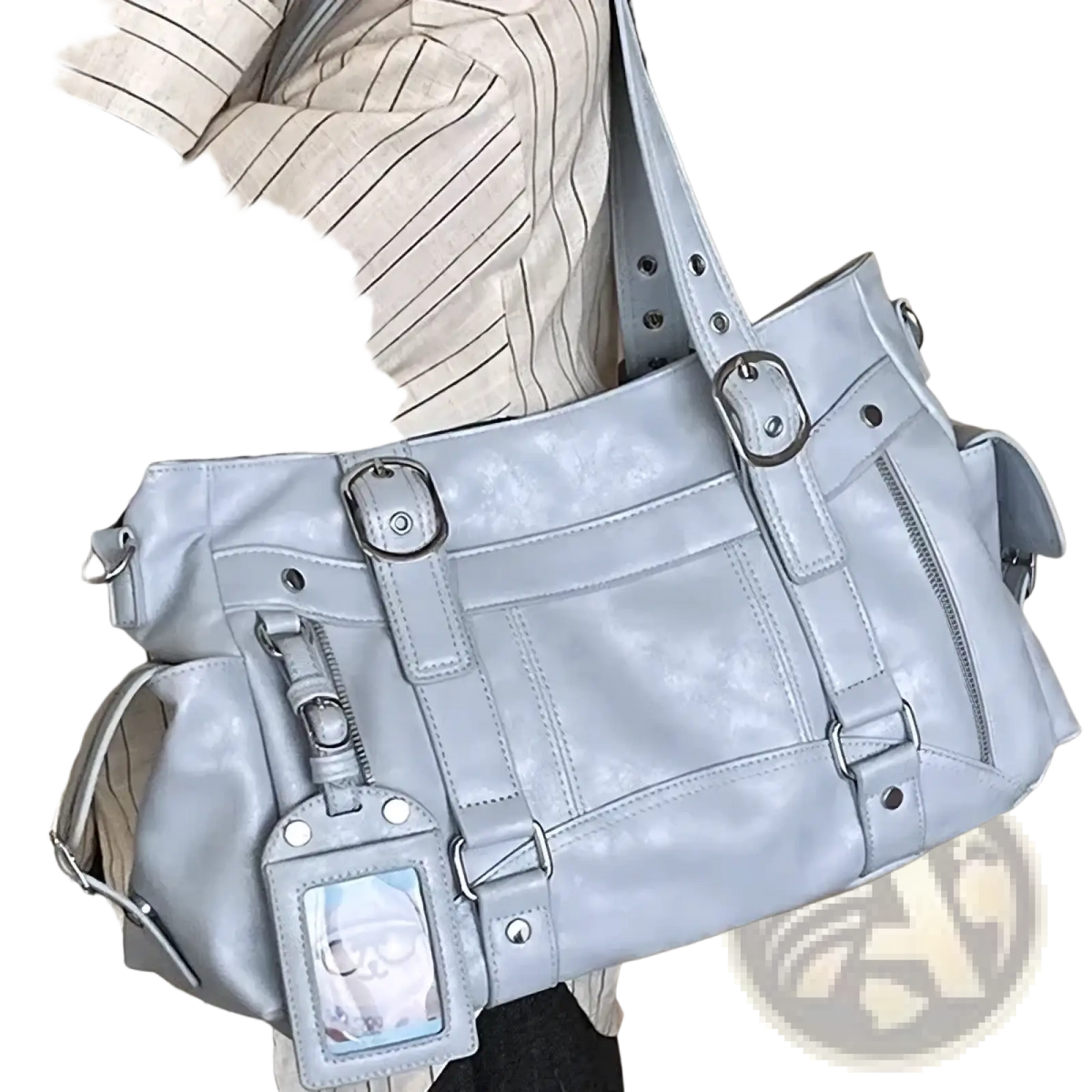 Light blue faux leather crossbody bag with multiple buckles and zippers large capacity for commuting use
