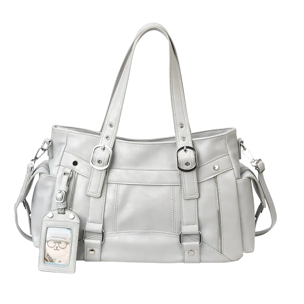 Light gray leather crossbody bag large capacity tote with dual handles, detachable strap, multiple zippered pockets, and silver buckles