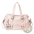 A blush pink faux leather large capacity tote bag with silver buckles and a cartoon cat id tag for commuting