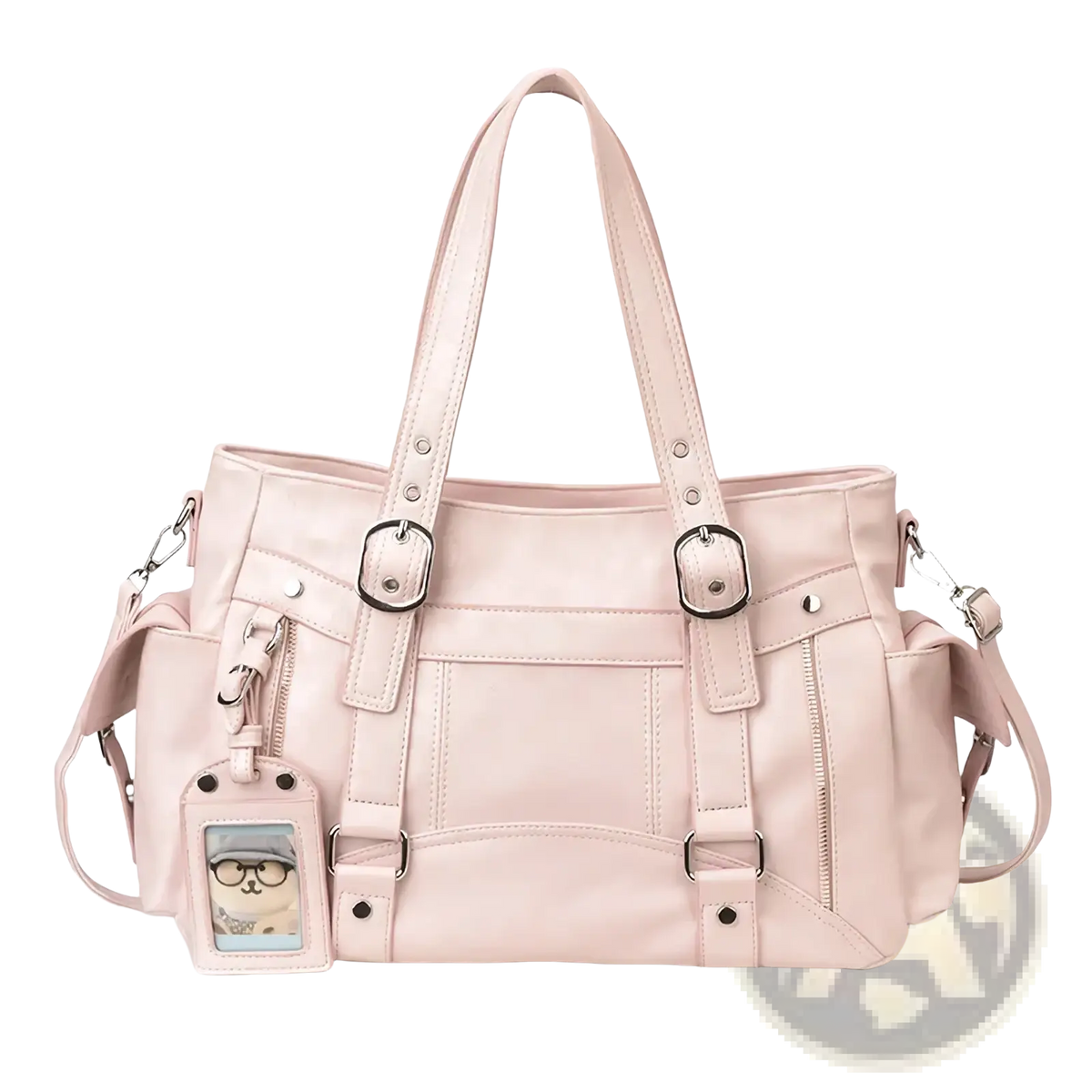 A blush pink faux leather large capacity tote bag with silver buckles and a cartoon cat id tag for commuting