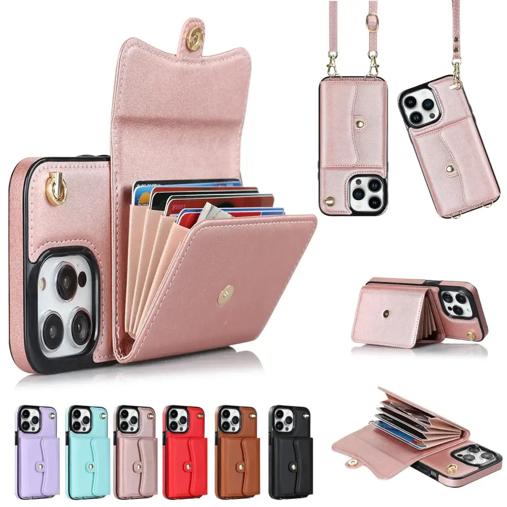 Pink leather crossbody phone wallet with flap closure and card slots designed to fit iphone 13 pro