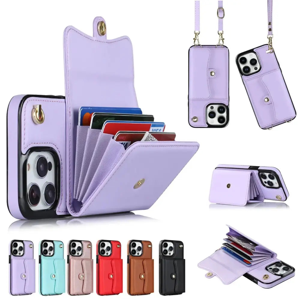 Lavender leather crossbody phone wallet with card slots and detachable strap for convenient carrying