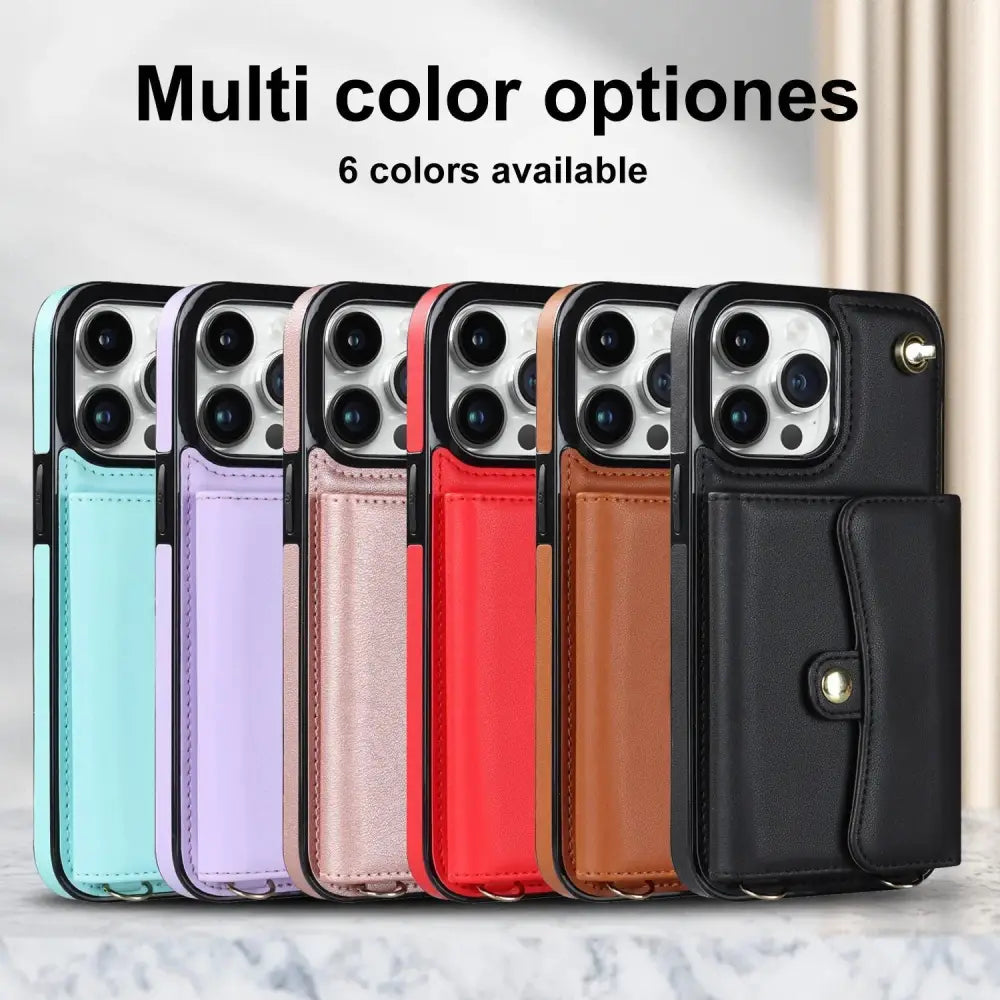 Six multi-colored leather crossbody phone wallets with card holders and flap closures in mint green lavender rose gold red tan and black