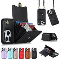 Black leather crossbody phone wallet with flap closure card slots and detachable strap for easy carrying